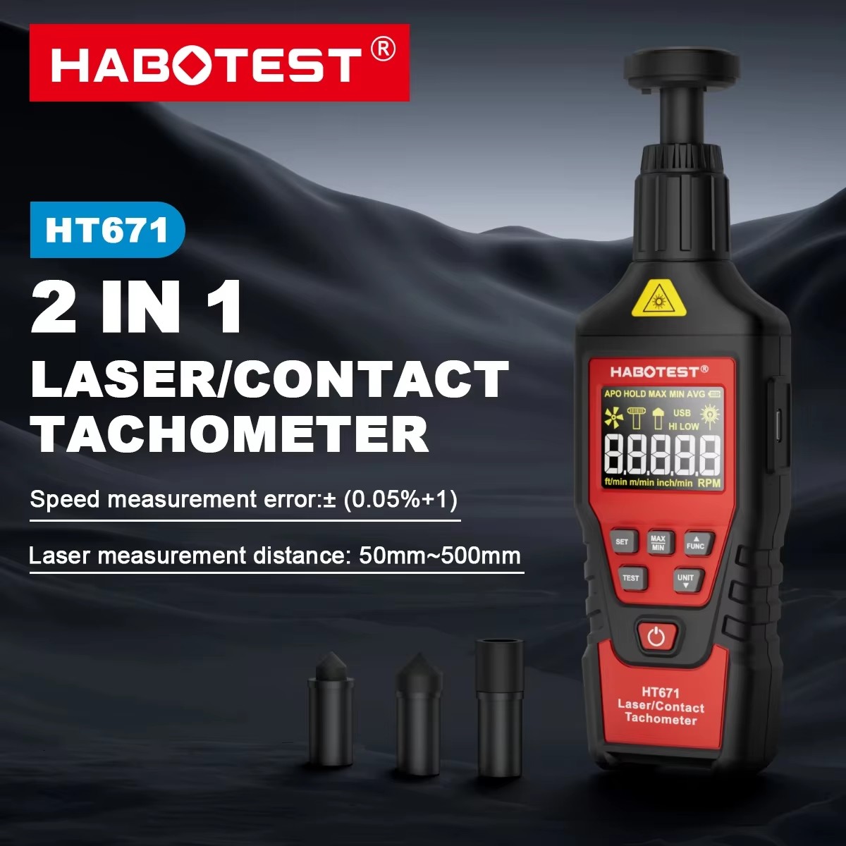 Industrial Laser Tachometer - Цифровой тахометр HABOTEST HT671 2-в-1: контактный